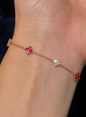 四叶草仿红宝石闪钻极细手链女款