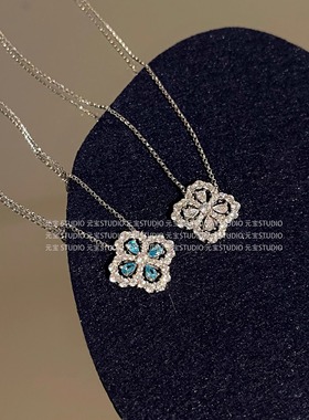 S925纯银四叶草项链女款2024新款蓝宝石吊坠高级感轻奢小众锁骨链