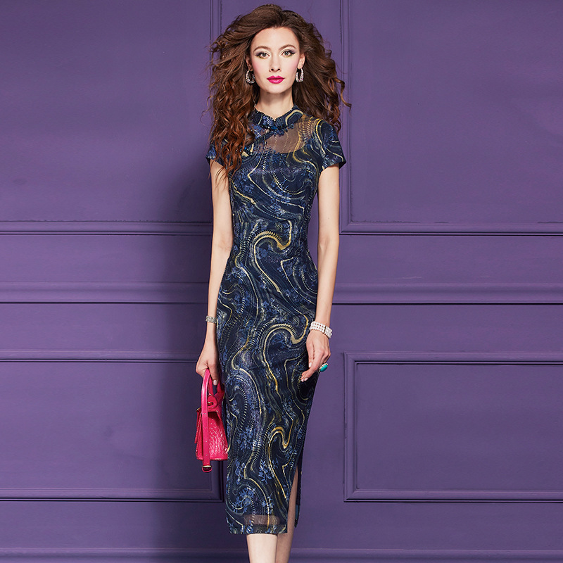 菲梦伊花色蓝色新中式连衣裙女短袖夏季复古修身阔太太改良旗袍裙 - 图3