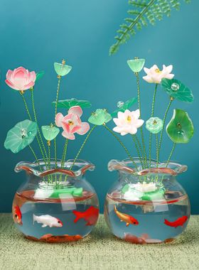 国风锦鲤好运瓶荷花树脂工艺品摆件创意车载装饰家居茶桌摆件