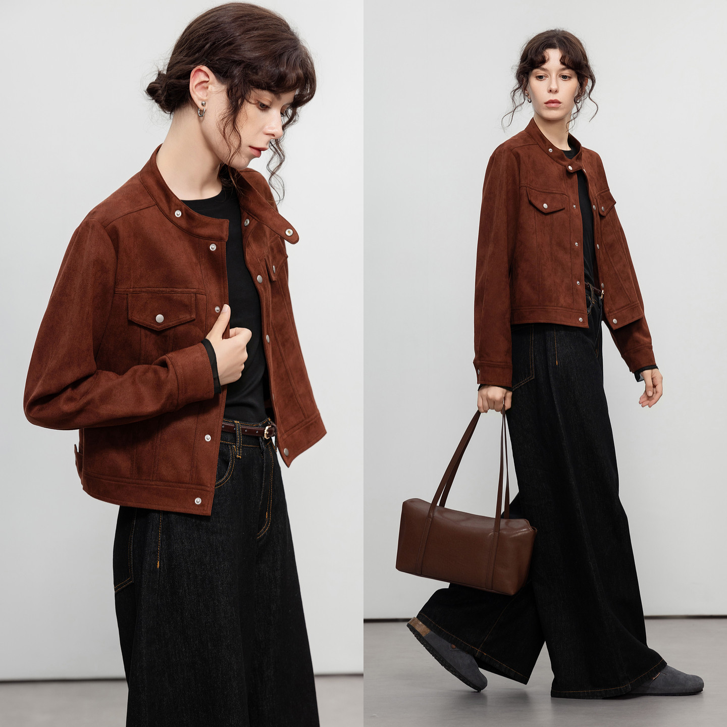 德玛纳复古风麂皮绒立领外套女春秋新款假口袋装饰短款夹克上衣,淘宝优惠券,粉丝福利购,淘宝优惠卷