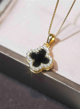 黑白双面四叶草项链一款两戴