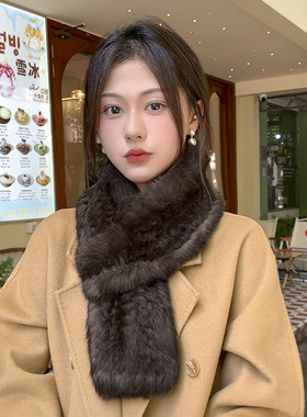 紫貂色皮草围巾女冬季韩版时尚兔毛围巾保暖毛绒绒围巾冬季新款