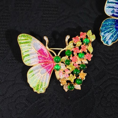 925纯银镀金 珐琅天然A货翡翠蝴蝶胸针女款胸针奢华款 - 图0