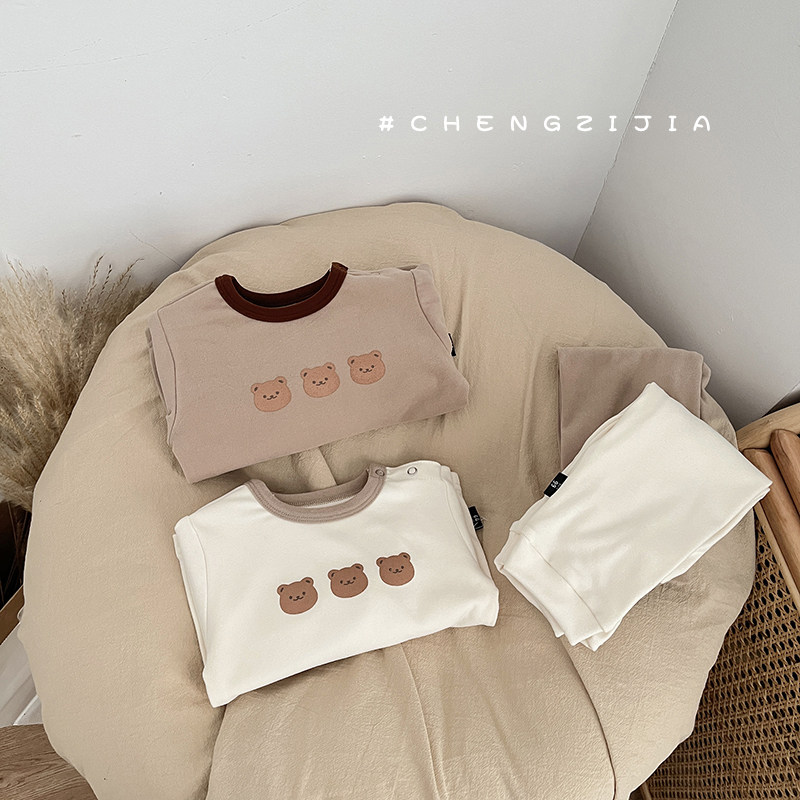 婴幼儿内搭套装秋冬季高腰护肚裤子小熊打底衫卡通印花家居服套装,淘宝优惠券,粉丝福利购,淘宝优惠卷