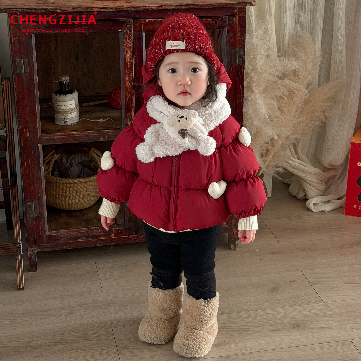 女童冬款新年棉服套装女宝宝韩版加厚保暖连帽外套婴儿加绒打底裤,淘宝优惠券,粉丝福利购,淘宝优惠卷