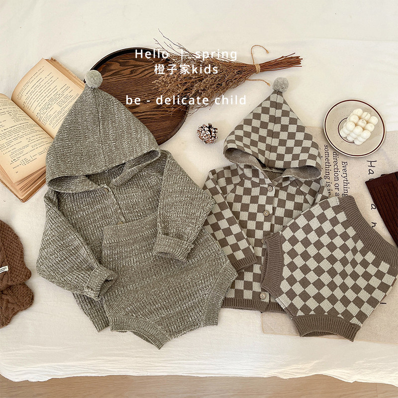 男童春秋装复古格子连帽毛衣开衫外套洋气女宝宝针织包屁短裤套装,淘宝优惠券,粉丝福利购,淘宝优惠卷