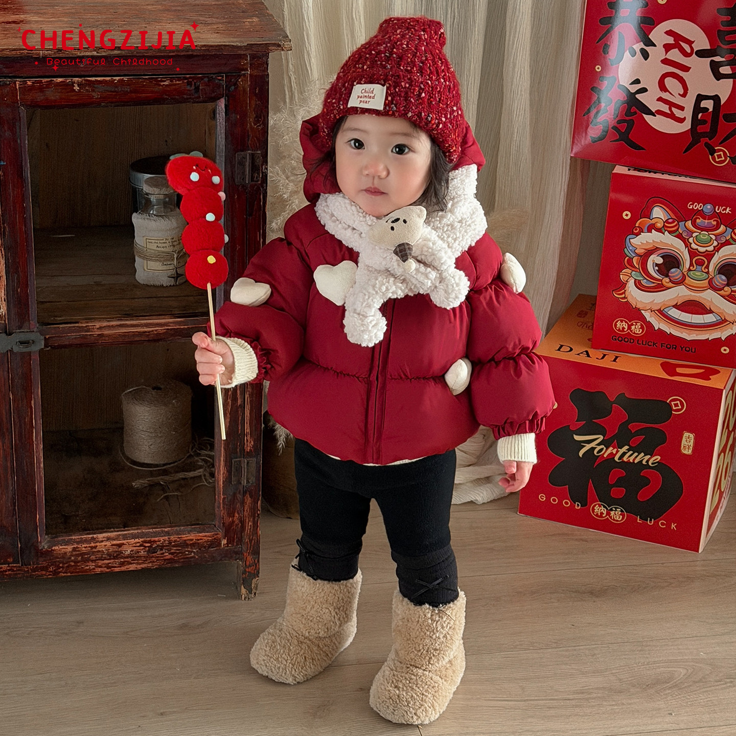 女童冬款新年棉服套装女宝宝韩版加厚保暖连帽外套婴儿加绒打底裤,淘宝优惠券,粉丝福利购,淘宝优惠卷