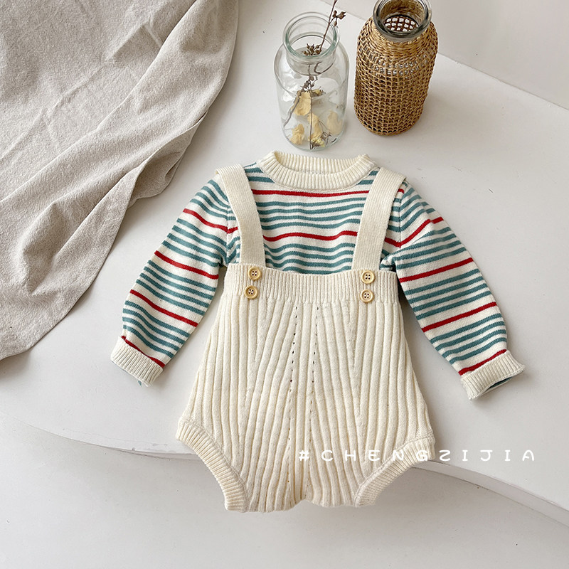 宝宝衣服春秋条纹针织T恤套装婴幼儿连体裤哈衣新生儿爬服外出服,淘宝优惠券,粉丝福利购,淘宝优惠卷