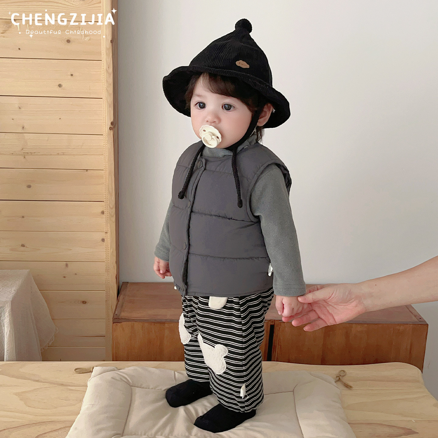 男宝宝冬款卡通马甲套装男童洋气加厚保暖背心打底衫婴儿条纹裤子,淘宝优惠券,粉丝福利购,淘宝优惠卷