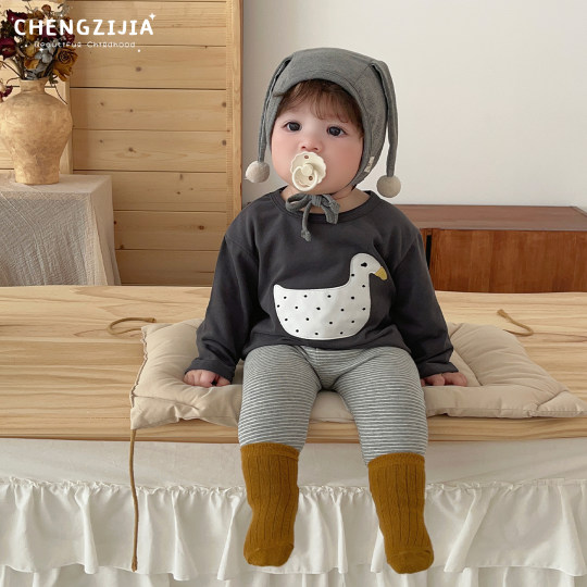 男童春秋款新款套装男宝宝可爱卡通长袖打底衫婴儿韩系条纹打底裤
