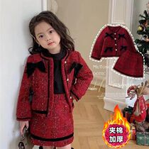 Spring Festival clothes girl small fragrant wind suit autumn and winter name Yuanyuan jacket cotton outer cover mesh red baby Winter half body dress Two