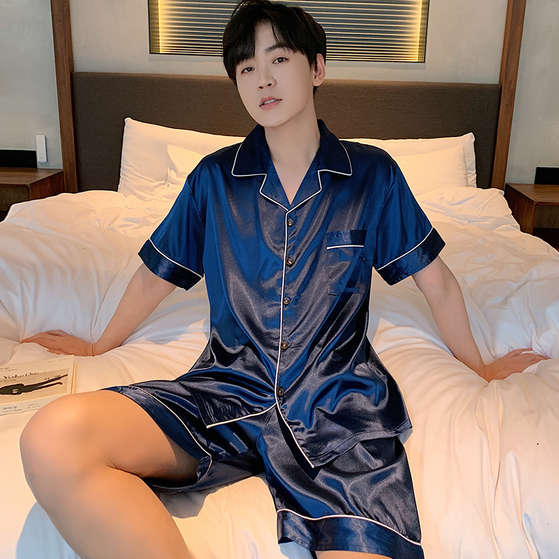 卡卡服饰专营冰丝男士睡衣春夏季短袖薄款夏天青少年丝绸男式家居服加大码套装1