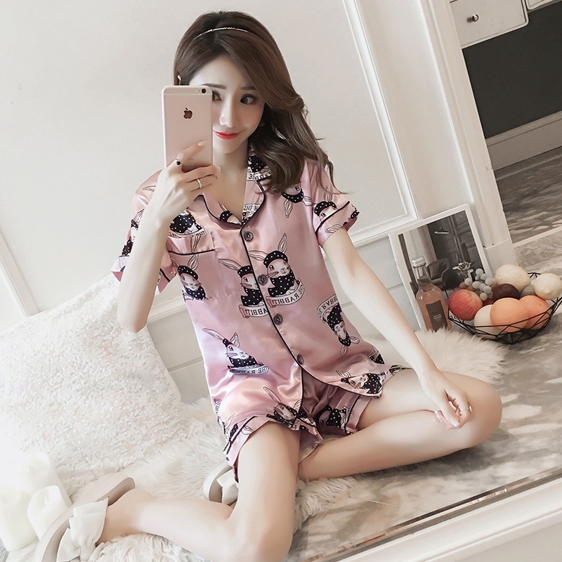 卡卡服饰专营冰丝睡衣女士夏季短袖两件套装仿真丝绸性感春夏天可爱家居服薄款2