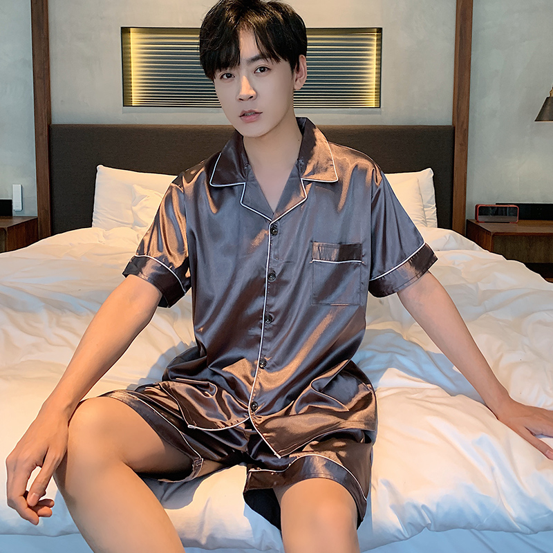 卡卡服饰专营冰丝男士睡衣春夏季短袖薄款夏天青少年丝绸男式家居服加大码套装0