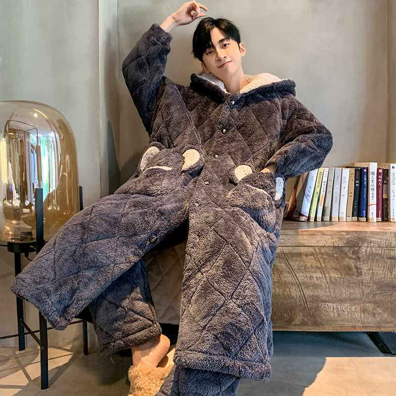 卡卡服饰专营年新款睡衣男士珊瑚绒秋冬季冬天睡袍家居服三层夹棉加绒加厚0