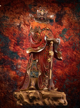 东来紫彩绘钟馗神像踏鬼钟馗天师家居客厅黄铜彩绘家用供奉摆件