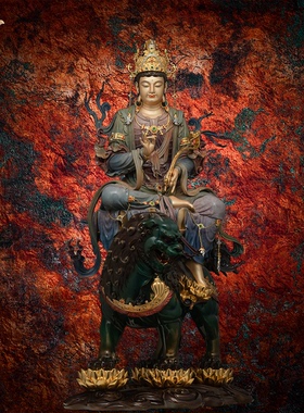 东来紫黄铜文殊华严三圣精工叠染释迦牟尼佛普贤菩萨家用京铜摆件