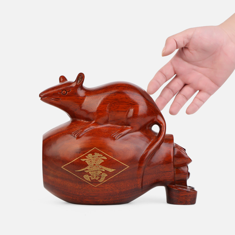 12十二生肖老鼠摆件 红木雕刻工艺品客厅玄关装饰品 实木质元宝鼠 - 图3