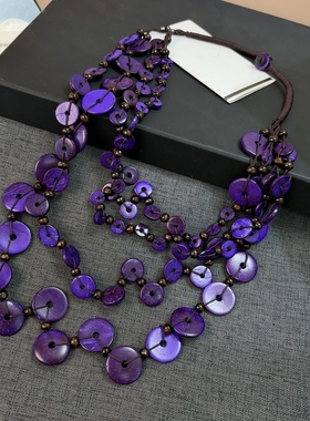 韩版紫色贝壳片多层串珠项链女时尚手工制作锁骨链饰品