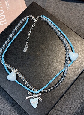 26春季新款清新蓝色爱心蝴蝶结水晶串珠项链女蓝色叠戴精致锁骨链