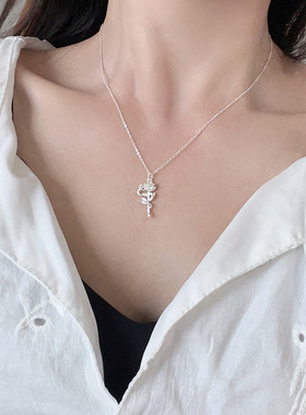 纯银999项链生肖蛇与玫瑰锁骨链小众设计感吊坠足银蛇本命年项链