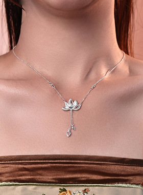 S999足银莲花流苏项链女新款爆款好运莲莲新中式纯银吊坠锁骨链