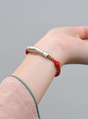 999足银竹节手链男女款本命年红绳手绳情侣礼物送男友