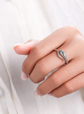 纹砖S925银蛇形绿钻开口戒指