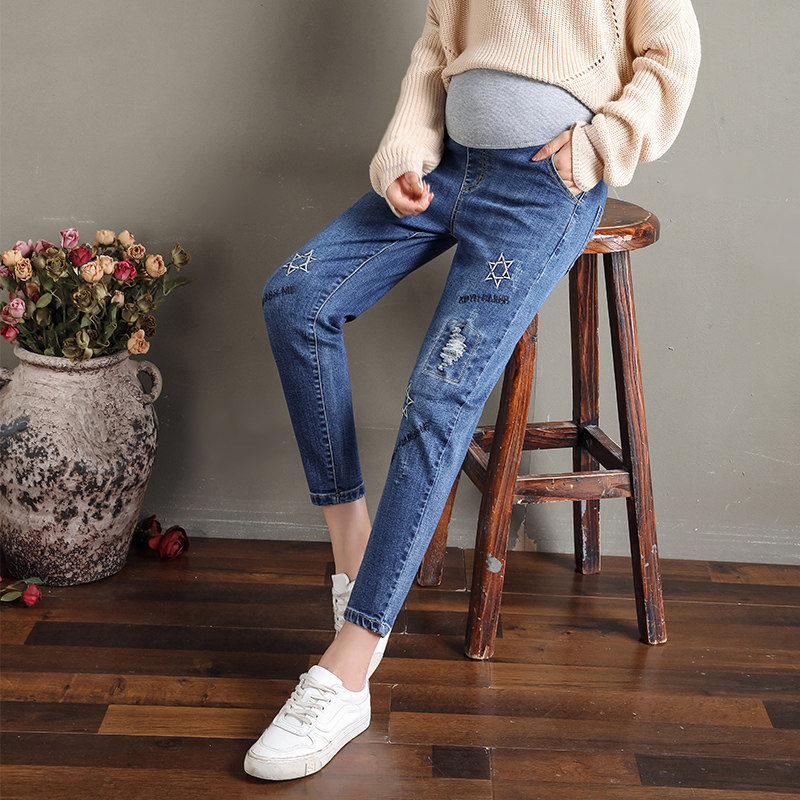 孕妇春秋款外穿托腹裤潮妈牛仔裤 贝儿森孕妇直筒裤