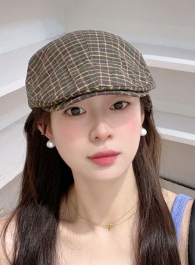 复古格纹显脸小鸭舌帽女春秋百搭