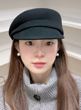 黑色羊毛报童帽女秋冬显脸小
