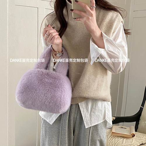 韩国ins同款毛毛包包女秋冬 仿貂毛可爱毛绒手提水桶包毛茸茸手拎 - 图1