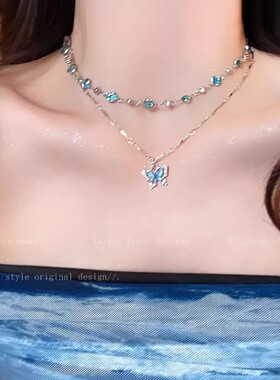 夏日风蓝色蝴蝶项链女生清凉感设计锁骨链双层小众choker