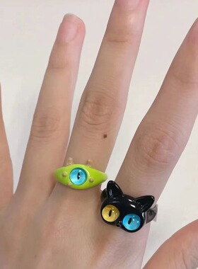 搞怪黑猫小怪兽戒指大眼仔甜酷卡通可爱闺蜜情侣指环礼物饰品
