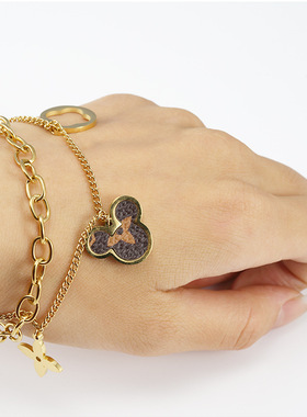 跨境爱心米老鼠不锈钢手链18k欧美时尚双层链条皮质钛钢手环