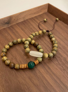 复古绿色香檀木串珠手链女夏季2025年新款新中式情侣可调节手饰品