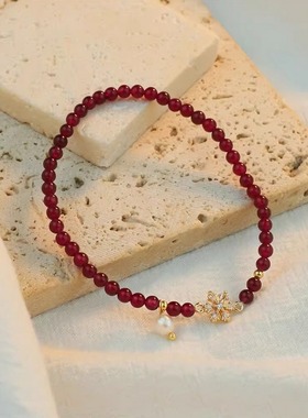 新中式名媛风酒红圆珠珍珠雪花手串女感红色显白串珠手链手饰