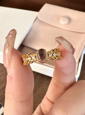 爆款宫廷风微镶锆石紫色椭圆戒指女小众设计感戒子指环