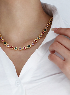 欧美轻奢气质复古彩色锆石项链女百搭感时尚个性精致小众颈链