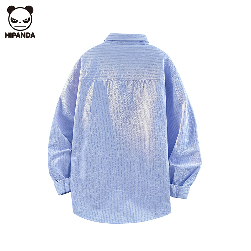 Hi Panda长袖衬衫情侣款条纹休闲长袖宽松慵懒上衣设计感衬衫外套 - 图0