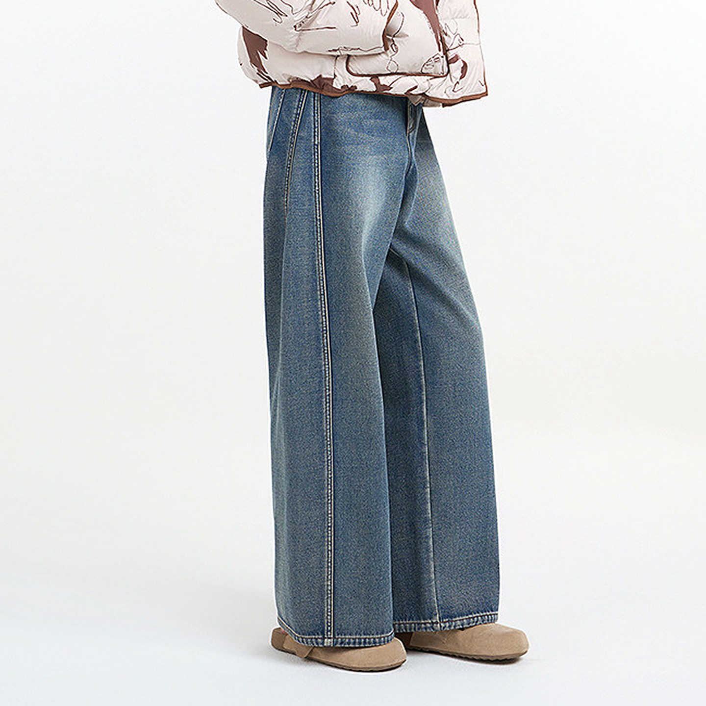 [专柜同款]Yifini/易菲简约时尚加厚保暖阔腿裤牛仔裤女2025冬新,淘宝优惠券,粉丝福利购,淘宝优惠卷