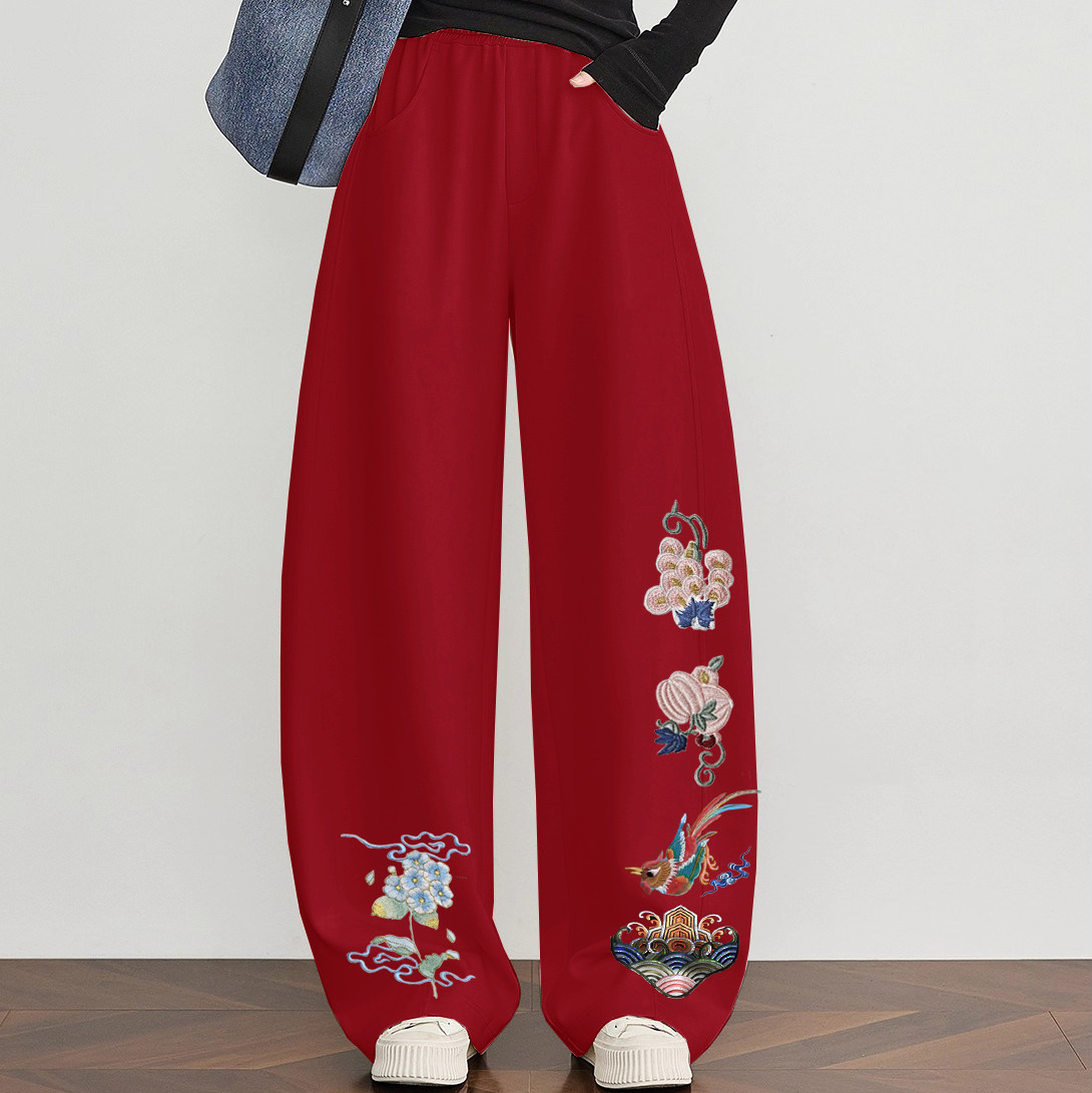 高档纯棉中式刺绣2025新款秋冬加绒香蕉裤休闲裤女宽松显瘦长裤子,淘宝优惠券,粉丝福利购,淘宝优惠卷