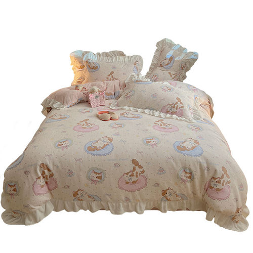 可爱猫咪秋冬加厚牛奶绒四件套卡通ins保暖床单被套荷叶边2.0床品 - 图3