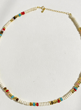 MINI BLOOM 串珠手作 纯银镀金天然石白松玛瑙米珠项链