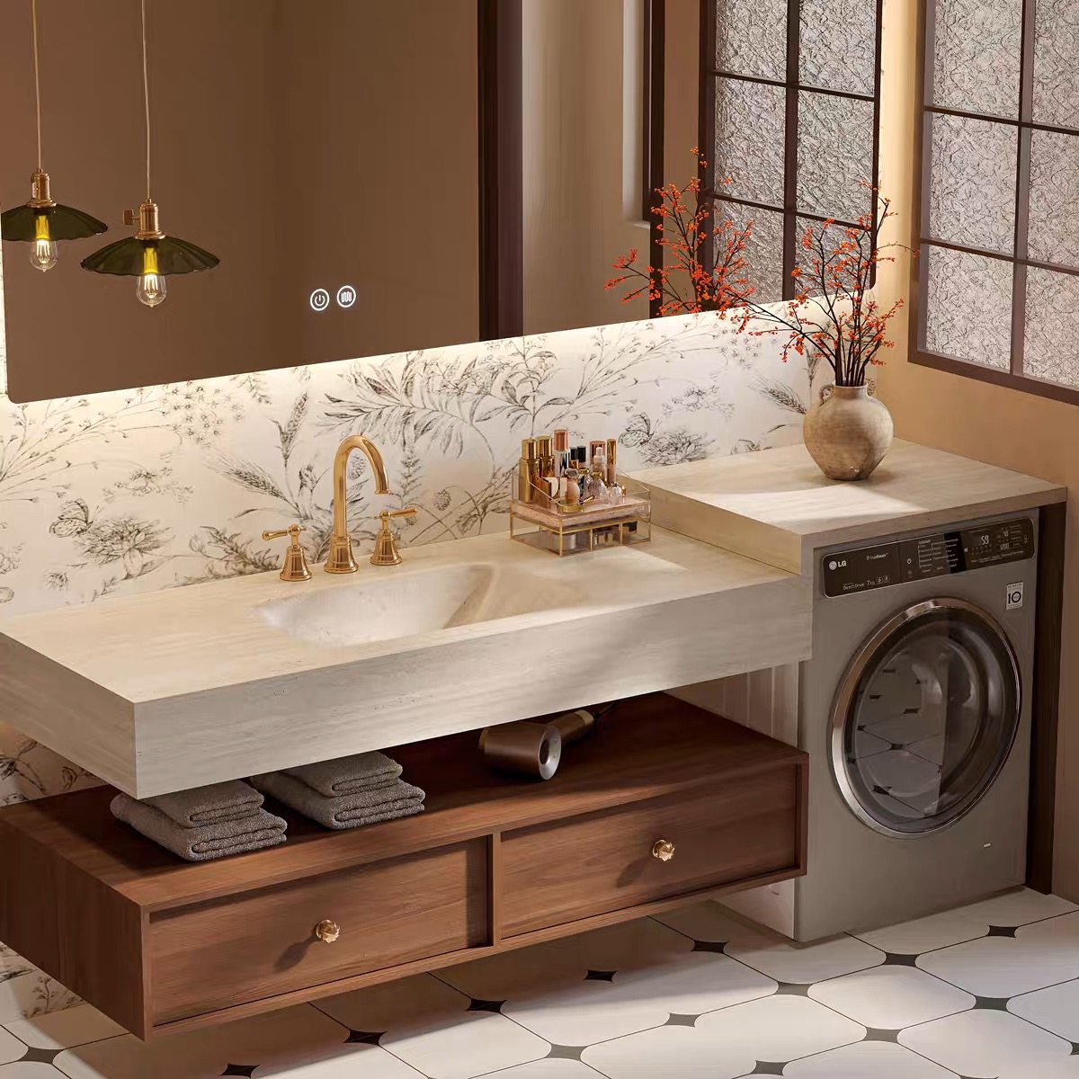 中古风阳台洗衣机柜组合岩板热弯一体盆浴室柜卫生间洗漱台浴室柜,淘宝优惠券,粉丝福利购,淘宝优惠卷