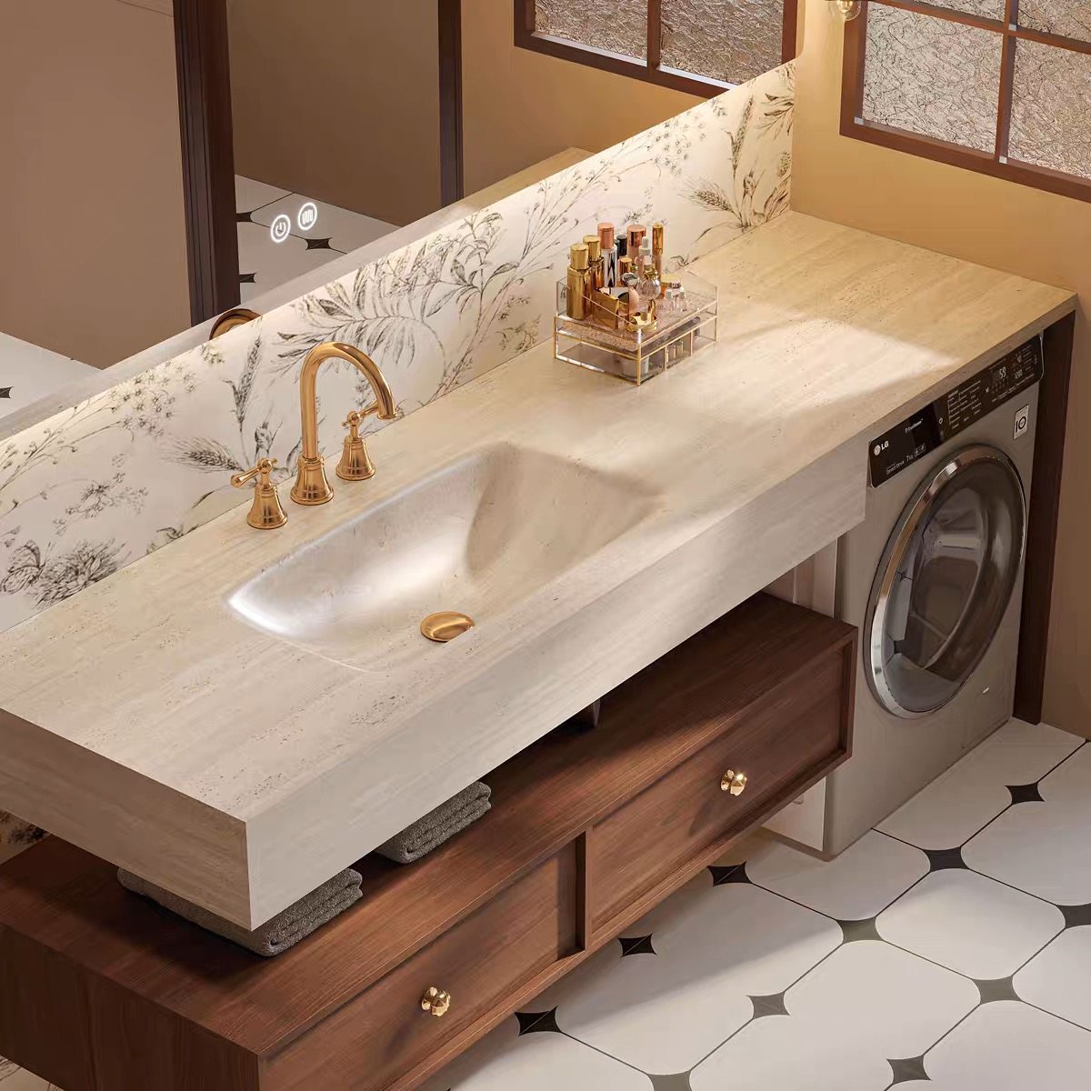 中古风阳台洗衣机柜组合岩板热弯一体盆浴室柜卫生间洗漱台浴室柜,淘宝优惠券,粉丝福利购,淘宝优惠卷