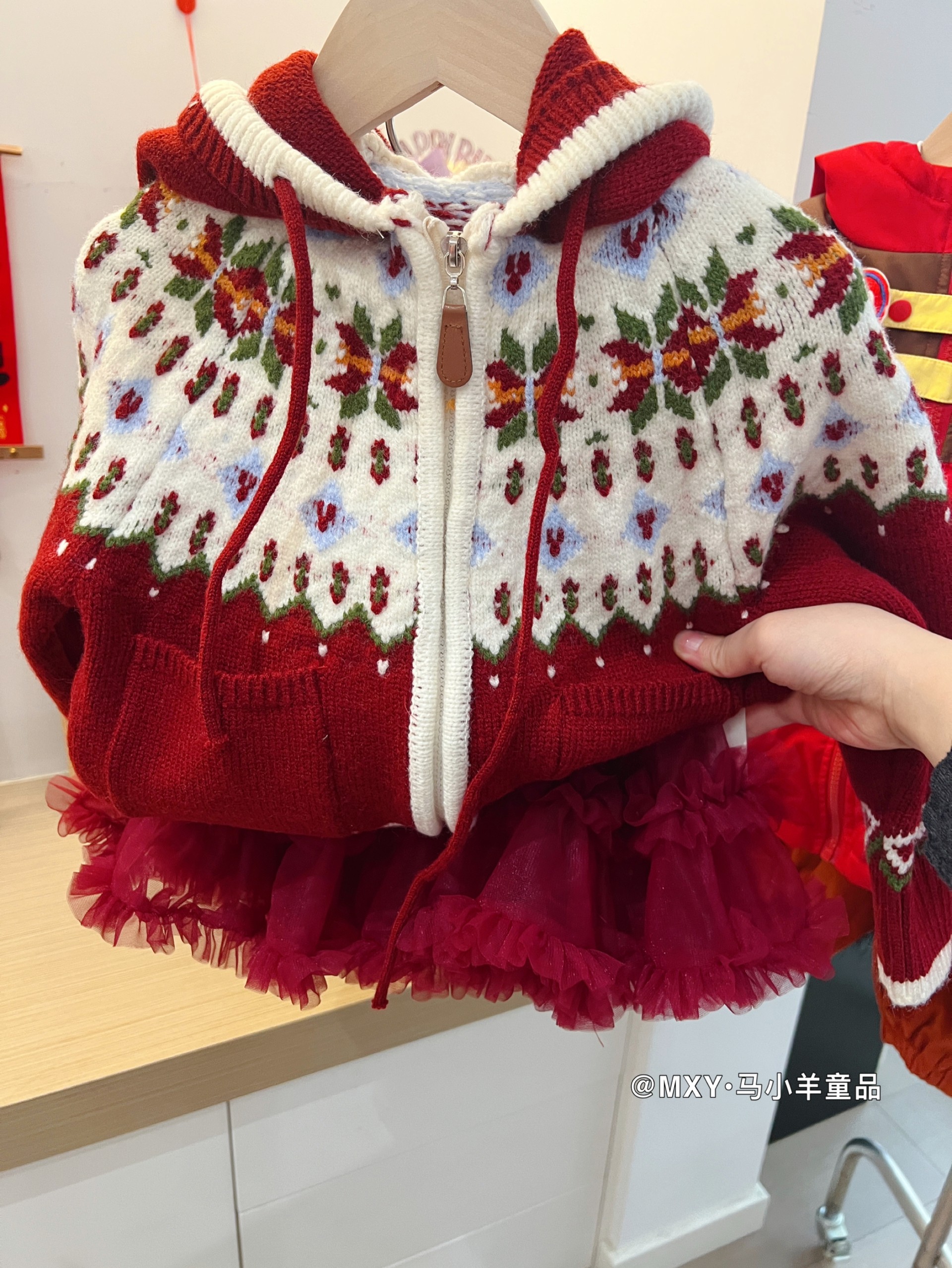亲子款连帽开衫～冬季女童红色圣诞提花毛衣儿童费尔岛连帽针织衫,淘宝优惠券,粉丝福利购,淘宝优惠卷