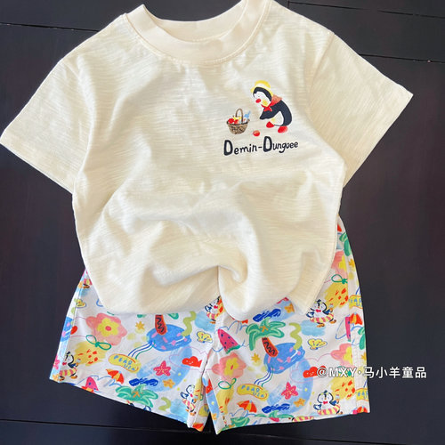 儿童夏季短袖T恤衫~男童宝宝纯棉可爱企鹅圆领套头半袖上衣潮童装 - 图0