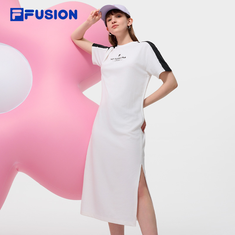 FILA FUSION斐乐潮牌女子连衣裙2024夏季新款宽松开衩T恤裙子长裙 - 图3